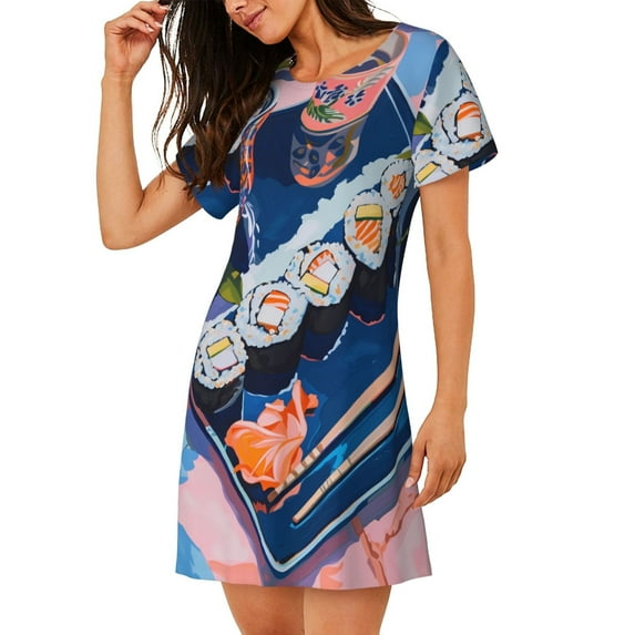 Salouo Colorful Sushi Food Art Print Short Sleeve Sleepshirt for Womens Comfy Nightgown Scoopneck Cute Nightdress Ruffle -X-Large