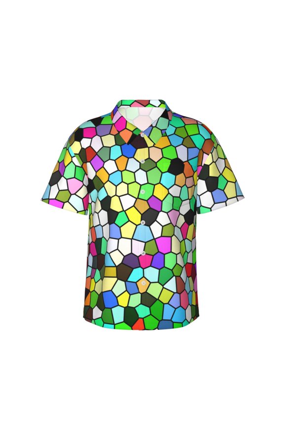 Colorful Tie Dye Stained Glass for Hawaiian Shirt for Men,Summer Beach Casual Short Sleeve Button Down Shirts Men's Regular-Fit Short-Sleeve Print Shirt -X-Large