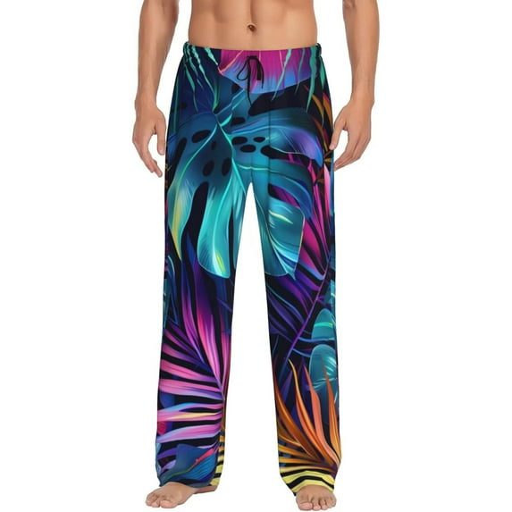 Salouo Colorful Tropical Leaves Print Pajama Pants for Men, Lounge Pants Elastic Waistband Casual Men's sleepwear Loungewear Sleep Pajama Pant -Small
