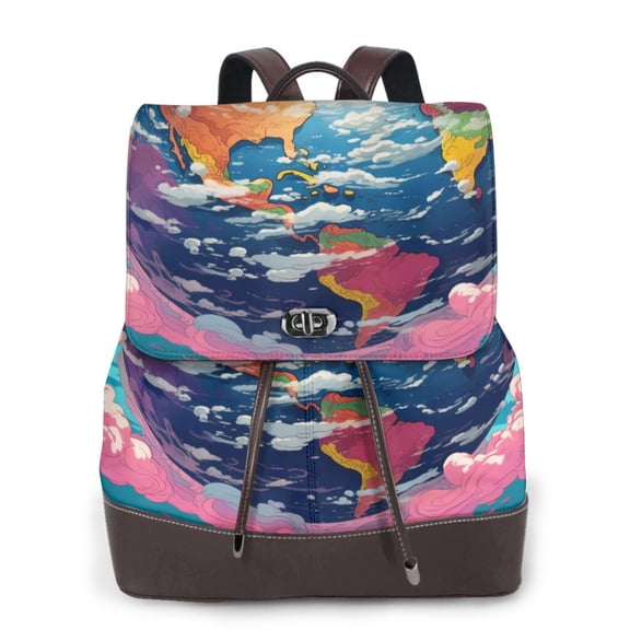 Salouo Colorful Whimsical Earth Pattern PU Leather Backpack,Purse for Women Fashion Multipurpose Design Handbag Ladies Shoulder Bags Travel Backpack