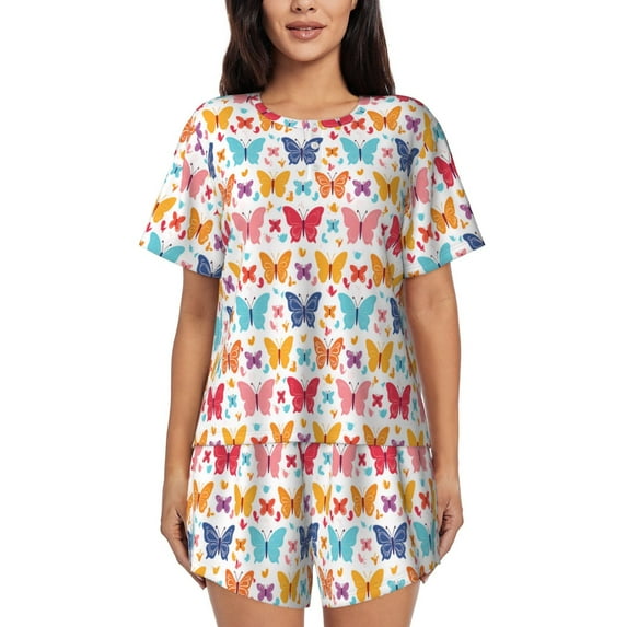 Salouo Colorful butterflies Pattern Short-Sleeved Pajama Set for Women,Round Neck Pajamas Short Sleeve Sleepwear Set Summer Pajamas Set Lounge Sets 2-Piece Pj-X-Large