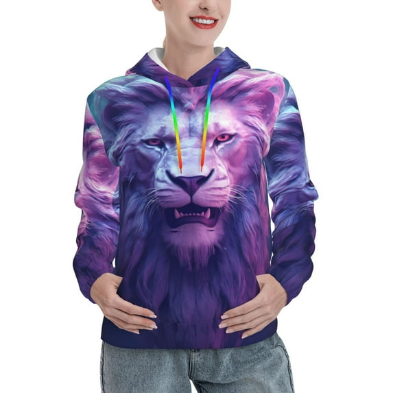 Salouo Cool Lion Head Pattern Hoodie Sweatshirts for Women, Autumn Pullover Hoodie Workout Sweat Women's Long Sleeve Preppy Sweatshirts-Large