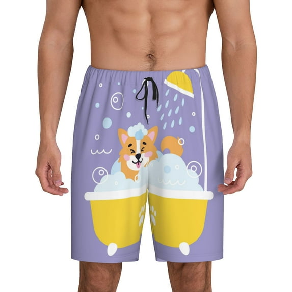 Salouo Corgi Washing in Bathtub Pattern Men's Sleep Pajama Shorts,Pajama Bottoms Elastic Waistband Sleep Pajama Short PJ Shorts for Men -XX-Large