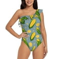 thumbnail image 1 of Salouo Corn On The Leaves Pattern One Shoulder Ruffled One Piece Swimsuit for Women V Neck Swimwear Tummy Control Bathing Suit-Small, 1 of 6