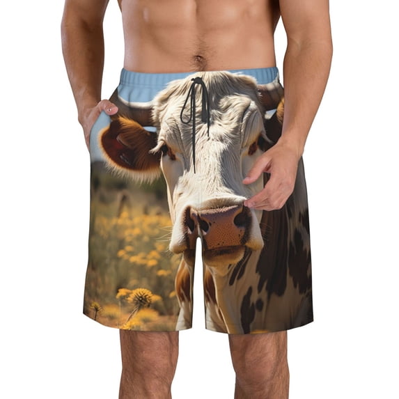 Salouo Countryside Flower Cow Pattern Swim Trunks for Men,Men's Hawaiian Bathing Suit Swimsuits Quick Dry Swimming Board Shorts Beach Shorts with Pockets-X-Large