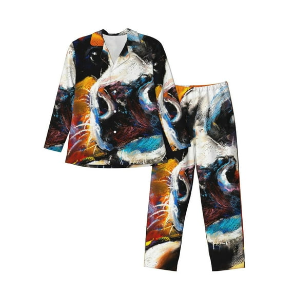 Salouo Cow Print Button-Front Long Sleeve Pajama Set for Men, Soft 2Pjs Men's Long Sleeve Sleepwear-Small