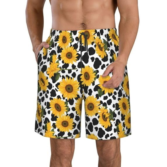 Salouo Cow Print Sunflower Pattern Swim Trunks for Men,Men's Hawaiian Bathing Suit Swimsuits Quick Dry Swimming Board Shorts Beach Shorts with Pockets-3X-Large