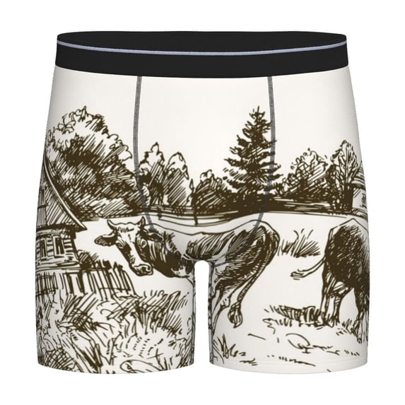 Salouo Cows Grazing On The Meadow Pattern Men's Boxer Briefs, Soft & Breathable Underwear Elastic Waistband Briefs for Men,1-Pack