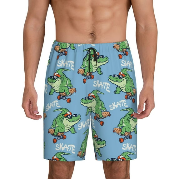 Salouo Crocodile Riding Skateboard Pattern Men's Sleep Pajama Shorts,Pajama Bottoms Elastic Waistband Sleep Pajama Short PJ Shorts for Men -Medium