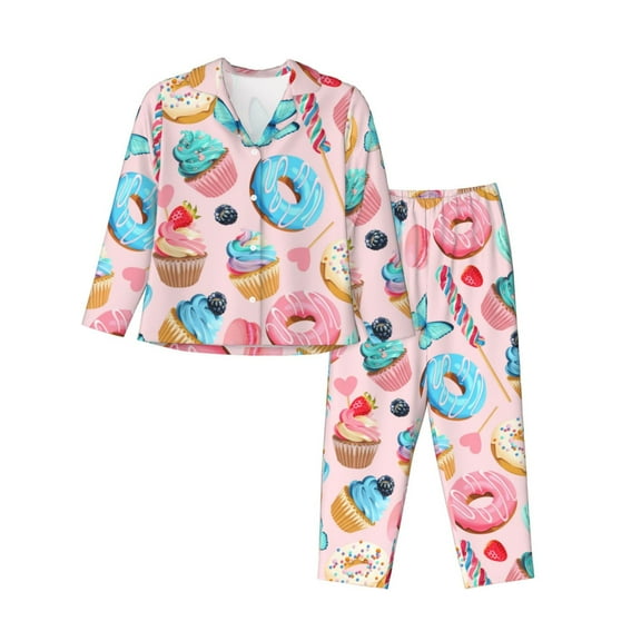 Salouo Cupcakes and Donuts Pattern Women's Pajamas Set Long Sleeve Button Down Sleepwear Soft Pj Lounge Sets for women 2 Piece Pjs Set with Long Pants -Medium