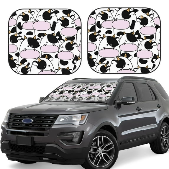 Salouo Cute Animal with Cow Pattern Car Windshield Sun Shade Foldable | Front Windshield Shade for Sun, Heat and UV Rays | Interior Sun Protection-Small