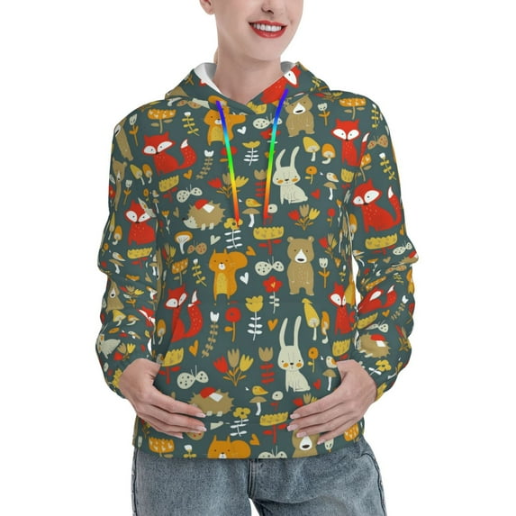 Salouo Cute Animal Forest Pattern Hoodie Sweatshirts for Women, Autumn Pullover Hoodie Workout Sweat Women's Long Sleeve Preppy Sweatshirts-XX-Large