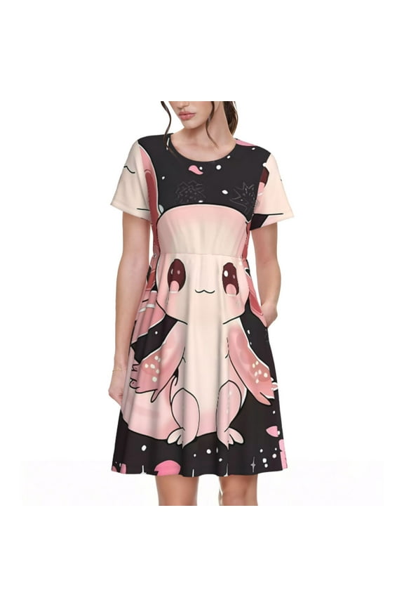 Cute Axolotl Sakura Blossoms for Women's Short Sleeve Summer Dress, Pleated Loose Swing Knee Length Dresses with Pockets