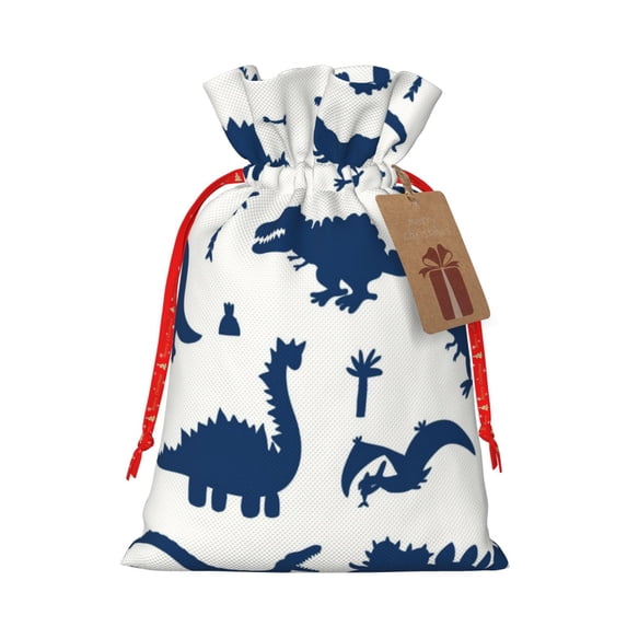 Salouo Cute Cartoon Dinosaurs Print Drawstring Christmas Gift Bag,Xmas Gift Bags Holiday Gift Wrapping Drawstring Gift Pouch with Tag Holiday Gift Bags Party Favor Bags,1PCS-Medium