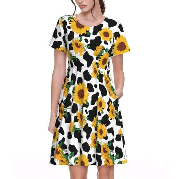 Salouo Cute Cow Print Sunflower A for Women's Short Sleeve Summer Dress, Pleated Loose Swing Knee Length Dresses with Pockets