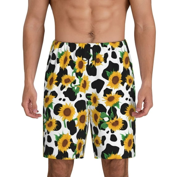 Salouo Cute Cow Print Sunflower C Pattern Men's Sleep Pajama Shorts,Pajama Bottoms Elastic Waistband Sleep Pajama Short PJ Shorts for Men -3X-Large