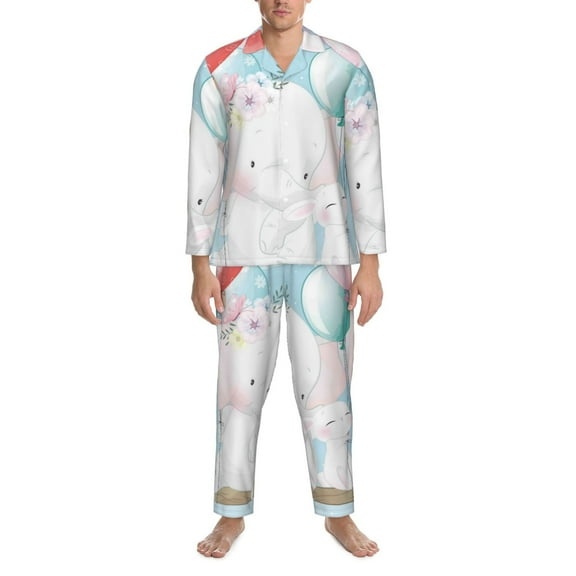 Salouo Cute Elephant Print Button-Front Long Sleeve Pajama Set for Men, Soft 2Pjs Men's Long Sleeve Sleepwear -Small