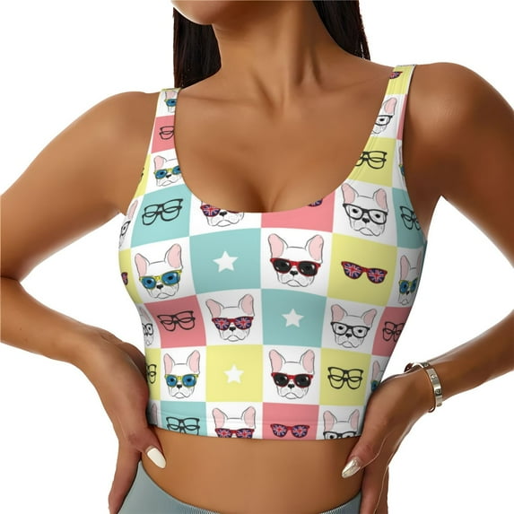 Salouo Cute French Bulldog Print Sports Bras for Women,Womens Round Neck Sports Bra Workout Crop Tank Tops Padded with Built in Shelf Yoga Bra-Small