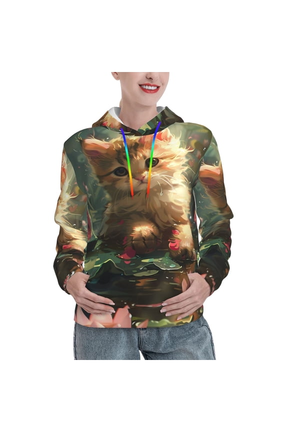 Cute Kitten Water Lilies Pattern Hoodie Sweatshirts for Women, Autumn Pullover Hoodie Workout Sweat Women's Long Sleeve Preppy Sweatshirts-XX-Large