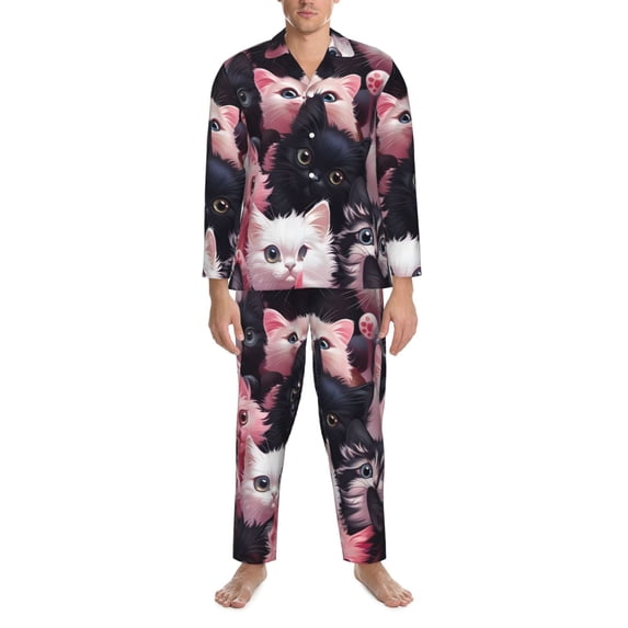 Salouo Cute Kittens Group Portrait Print Button-Front Long Sleeve Pajama Set for Men, Soft 2Pjs Men's Long Sleeve Sleepwear -Medium