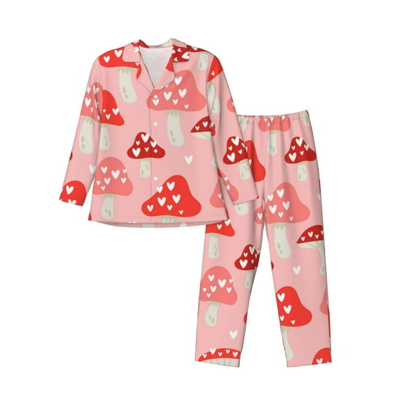 Salouo Cute Mushroom1 Print Button-Front Long Sleeve Pajama Set for Men, Soft 2Pjs Men's Long Sleeve Sleepwear-Medium