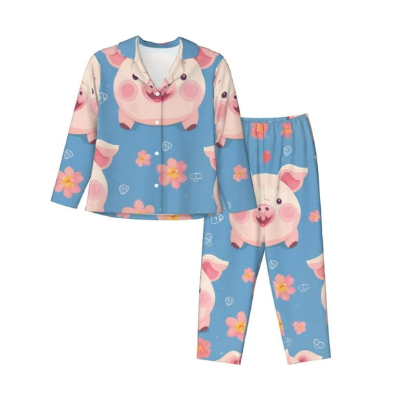 Salouo Cute Pig Flowers Pattern Women's Pajamas Set Long Sleeve Button Down Sleepwear Soft Pj Lounge Sets for women 2 Piece Pjs Set with Long Pants -Large