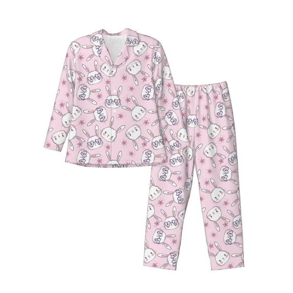 Salouo Cute Rabbit Flower Print Button-Front Long Sleeve Pajama Set for Men, Soft 2Pjs Men's Long Sleeve Sleepwear-Small