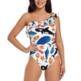 thumbnail image 1 of Salouo Cute Sea Animals Pattern One Shoulder Ruffled One Piece Swimsuit for Women V Neck Swimwear Tummy Control Bathing Suit-XX-Large, 1 of 6