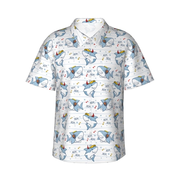 Salouo Cute Shark for Hawaiian Shirt for Men,Summer Beach Casual Short Sleeve Button Down Shirts Men's Regular-Fit Short-Sleeve Print Shirt -Small