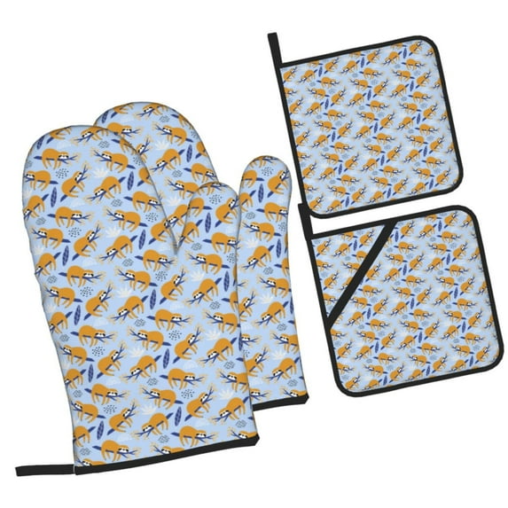 Salouo Cute Sloth for Oven Mitts and Potholders BBQ Gloves-Oven Mitts and Pot Holders Non-Slip Cooking Gloves for Cooking Baking Grilling (4-Piece Set)