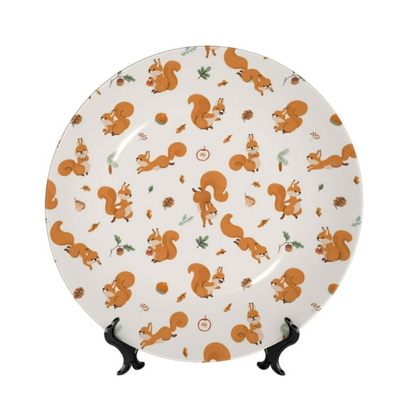 Salouo Cute Squirrel Fall Pattern Bone China Decorative Plate,Holiday Decor Decorative Ceramic Plates with Stand Elegant Home DéCor for Hallway/Living Room/Bedroom-10in
