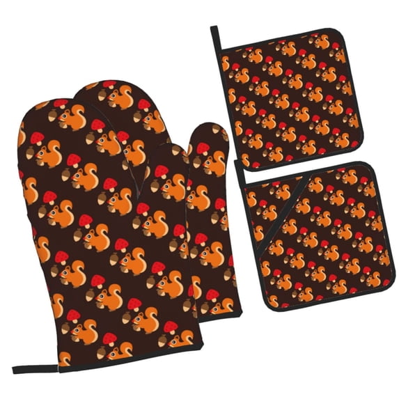 Salouo Cute Squirrel for Oven Mitts and Potholders BBQ Gloves-Oven Mitts and Pot Holders Non-Slip Cooking Gloves for Cooking Baking Grilling (4-Piece Set)