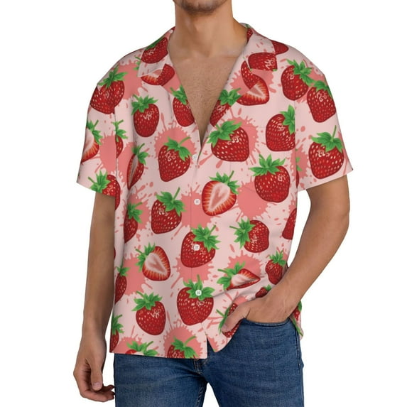 Salouo Cute Strawberry Pattern Cuban Collar Shirts for Men Button-Down Shirt Men's Short Sleeve Shirts Hawaiian Shirts Casual Shirts -4X-Large
