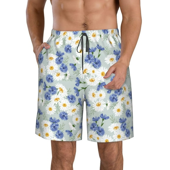 Salouo Daisies Flowers Pattern Swim Trunks for Men,Men's Hawaiian Bathing Suit Swimsuits Quick Dry Swimming Board Shorts Beach Shorts with Pockets-Large