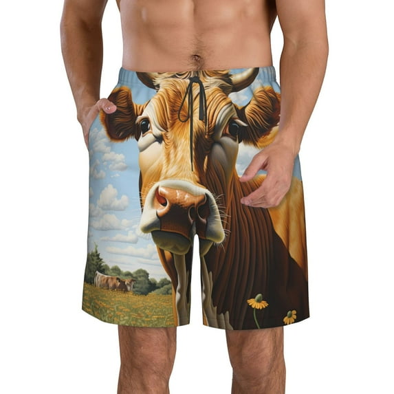Salouo Daisy Flower Field Cow Pattern Swim Trunks for Men,Men's Hawaiian Bathing Suit Swimsuits Quick Dry Swimming Board Shorts Beach Shorts with Pockets-3X-Large