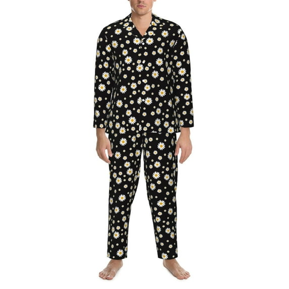 Salouo Daisy Print Button-Front Long Sleeve Pajama Set for Men, Soft 2Pjs Men's Long Sleeve Sleepwear -Medium