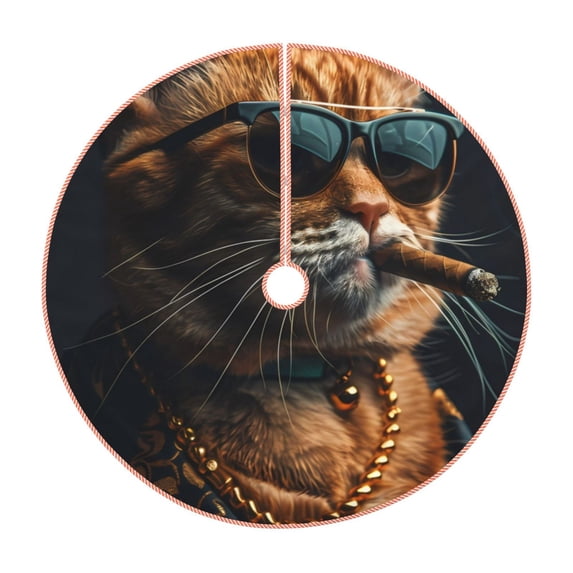 Salouo Dapper Cat in Sunglasses Christmas Tree Skirt 30" Farmhouse Christmas Decorations Snowman Xmas Tree Skirt Tree Mat for Holiday Party Decor