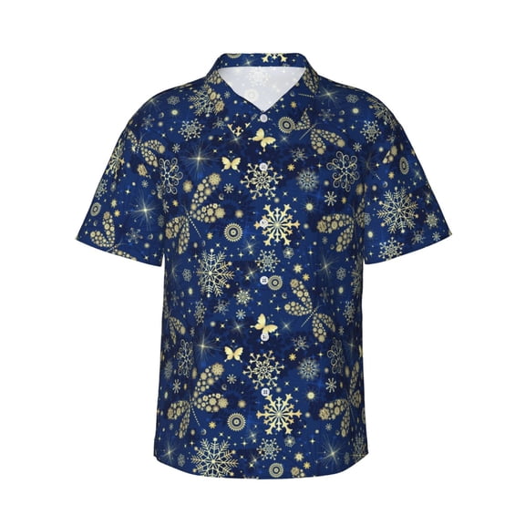 Salouo Dark Blue Christmas for Hawaiian Shirt for Men,Summer Beach Casual Short Sleeve Button Down Shirts Men's Regular-Fit Short-Sleeve Print Shirt -X-Large