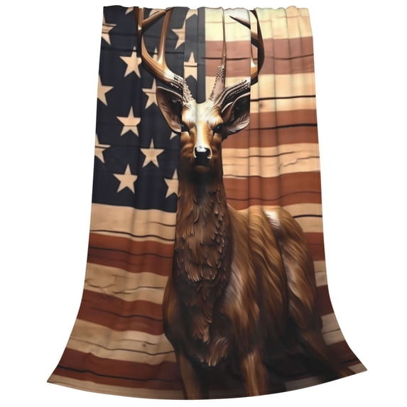 Salouo Deer American Flag Vintage Print Bed Blankets,Flannel Blanket Comfortable Air Conditioning Blanket Lightweight Blanket for Sofa Bed Travel & Couch -50"x40"