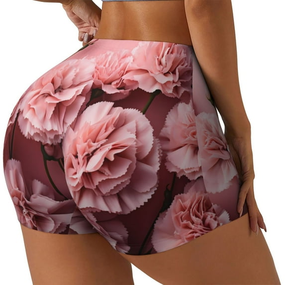 Salouo Delicate Pink Carnations Print Women's Athletic Shorts,Booty Shorts Biker Shorts High Waisted Elastic Workout Shorts for Yoga Gym Running Sports-X-Large
