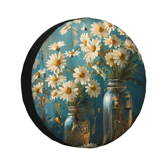 Salouo Delicate White Daisy Jars Print Spare Tire Cover 14-17 inch Spare Tire Protector Universal Tough Tire Wheel Cover for Trailer SUV and Truck-15 inch