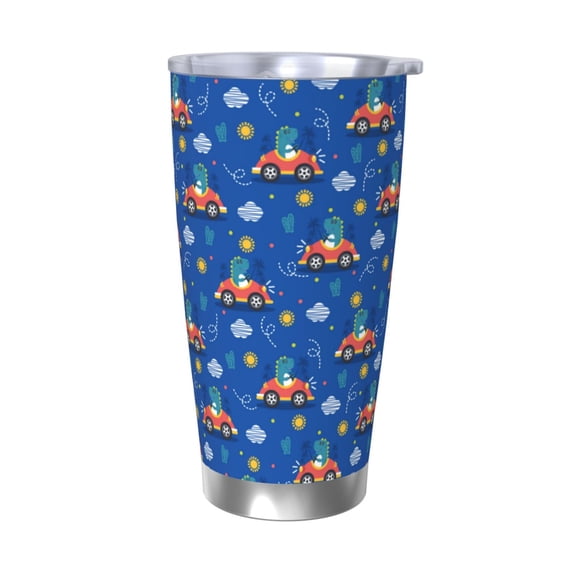 Salouo Dinosaur Driving Print 20oz Tumbler with Lid,Stainless Steel Vacuum Insulated Tumbler Durable Insulated Coffee Mug Thermal Cup with Splash Proof Sliding Lid-Without Straw