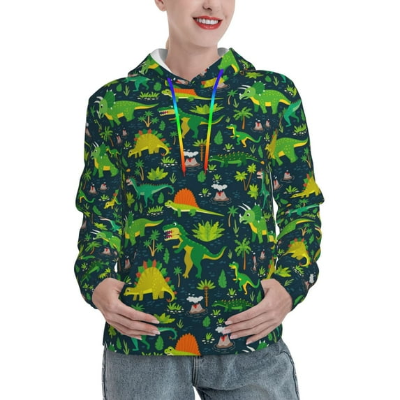Salouo Dinosaurs and Tropical Leaves and Flowers Pattern Hoodie Sweatshirts for Women, Autumn Pullover Hoodie Workout Sweat Women's Long Sleeve Preppy Sweatshirts-X-Large