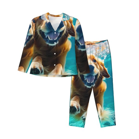 Salouo Dog Underwater Adventure Pattern Women's Pajamas Set Long Sleeve Button Down Sleepwear Soft Pj Lounge Sets for women 2 Piece Pjs Set with Long Pants-Medium
