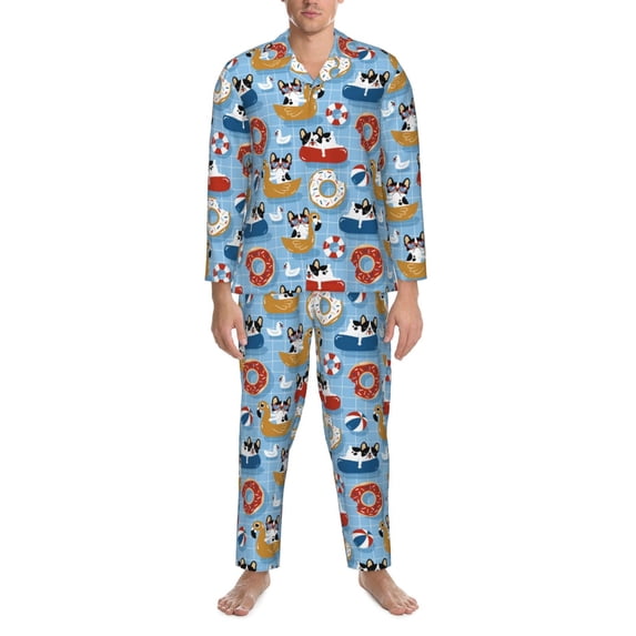 Salouo Dogs With Pool Floats Print Button-Front Long Sleeve Pajama Set for Men, Soft 2Pjs Men's Long Sleeve Sleepwear -Medium