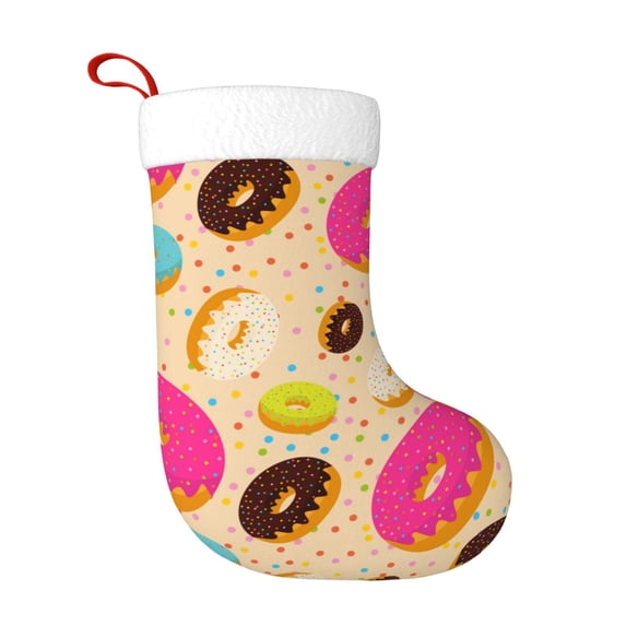 Salouo Donuts Print Christmas Stockings,Large Xmas Stocking Set of 1 Holiday and Farmhouse Stocking for Christmas Holiday Party Decoration(17.7*11 Inch)