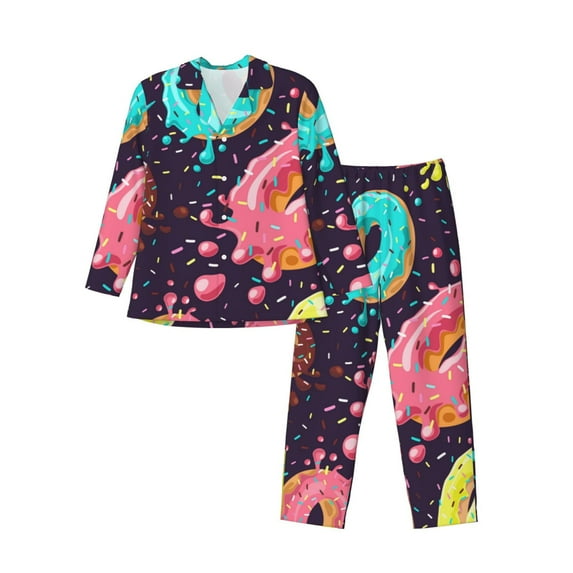Salouo Donuts1 Print Button-Front Long Sleeve Pajama Set for Men, Soft 2Pjs Men's Long Sleeve Sleepwear-XX-Large