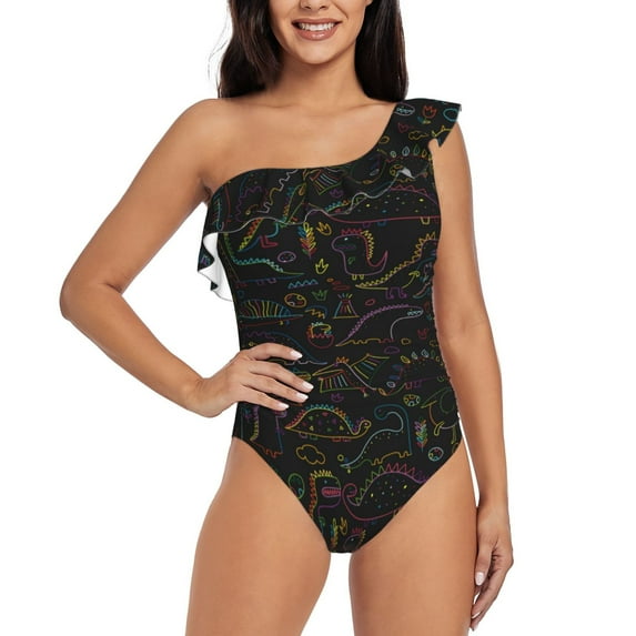 Salouo Doodle Dinosaur Pattern One Shoulder Ruffled One Piece Swimsuit for Women V Neck Swimwear Tummy Control Bathing Suit-Small