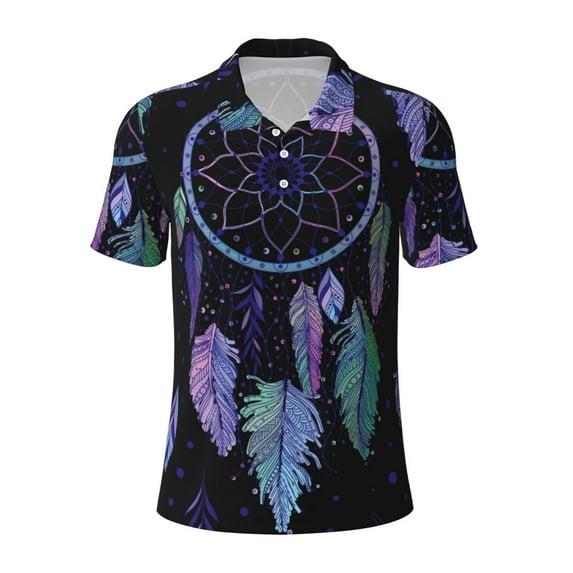 Salouo Dreamcatcher With Colorful Feathers for Men's Short Sleeve Polo Shirts,Polo Shirts for Men Performance Short Sleeve Golf Shirt Athletic Casual Collared T-Shirt-Large
