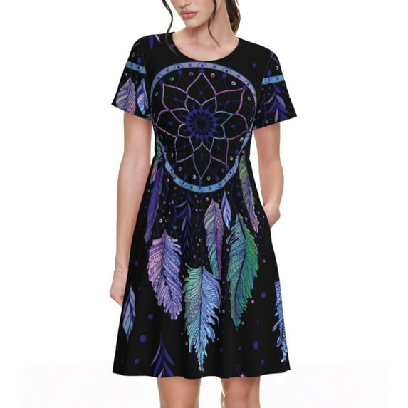 Salouo Dreamcatcher With Colorful Feathers for Women's Short Sleeve Summer Dress, Pleated Loose Swing Knee Length Dresses with Pockets
